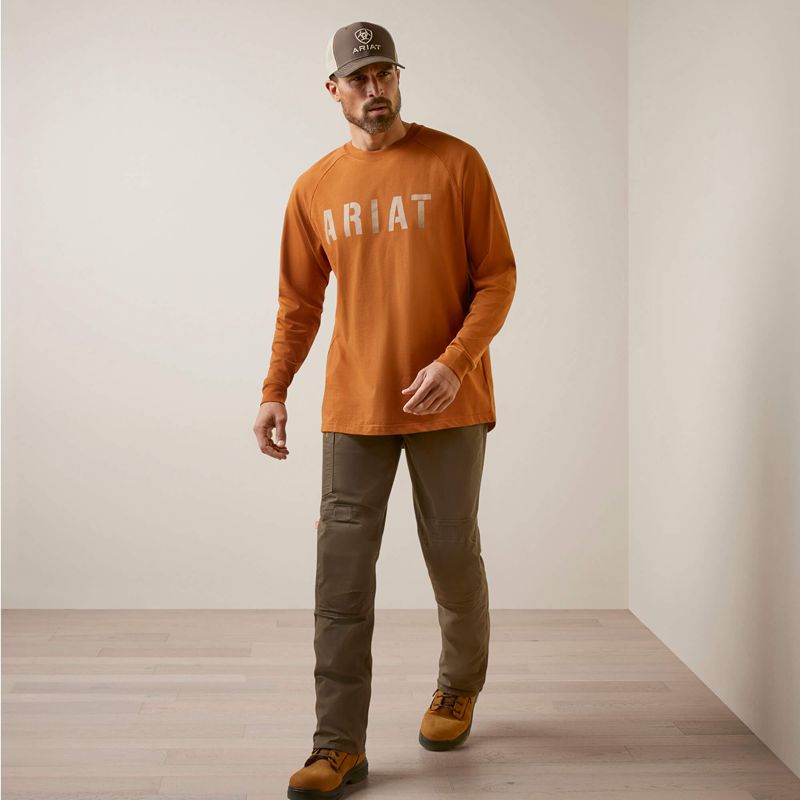 Carmel Cafe Ariat Rebar Cotton Strong Block T-Shirt | 86FCJWTXR