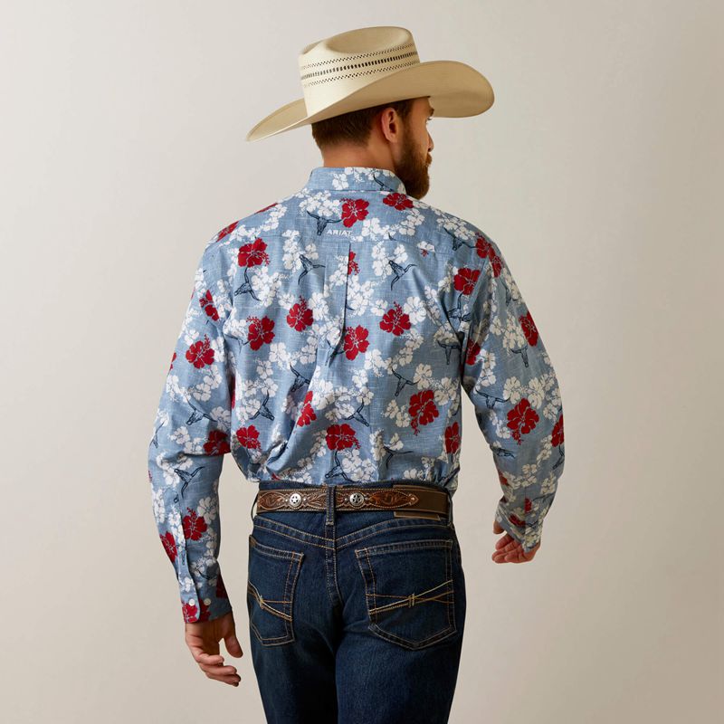 Chambray Blue Ariat Wrinkle Resist Red White And Blue Pareau Western Aloha Stretch Classic Fit Shirt | 19PKTVMXL