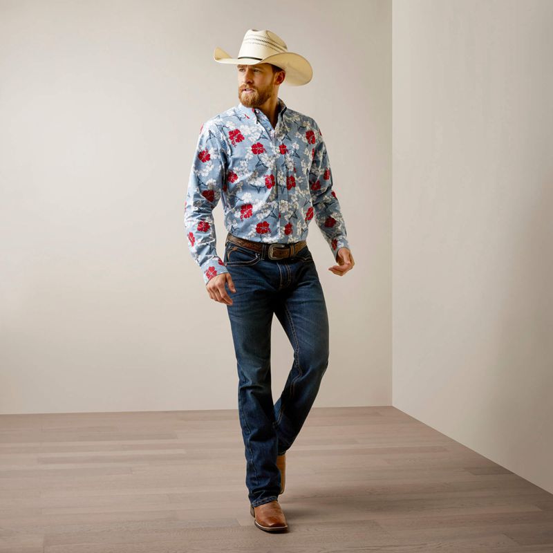 Chambray Blue Ariat Wrinkle Resist Red White And Blue Pareau Western Aloha Stretch Classic Fit Shirt | 19PKTVMXL