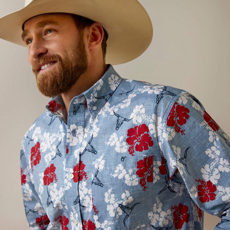 Chambray Blue Ariat Wrinkle Resist Red White And Blue Pareau Western Aloha Stretch Classic Fit Shirt | 19PKTVMXL