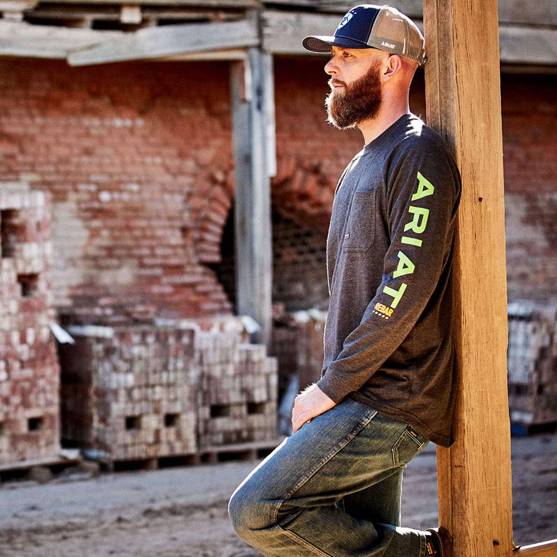 Charcoal Heather/Lime Ariat Rebar Cotton Strong Graphic T-Shirt | 93SXRVKPB