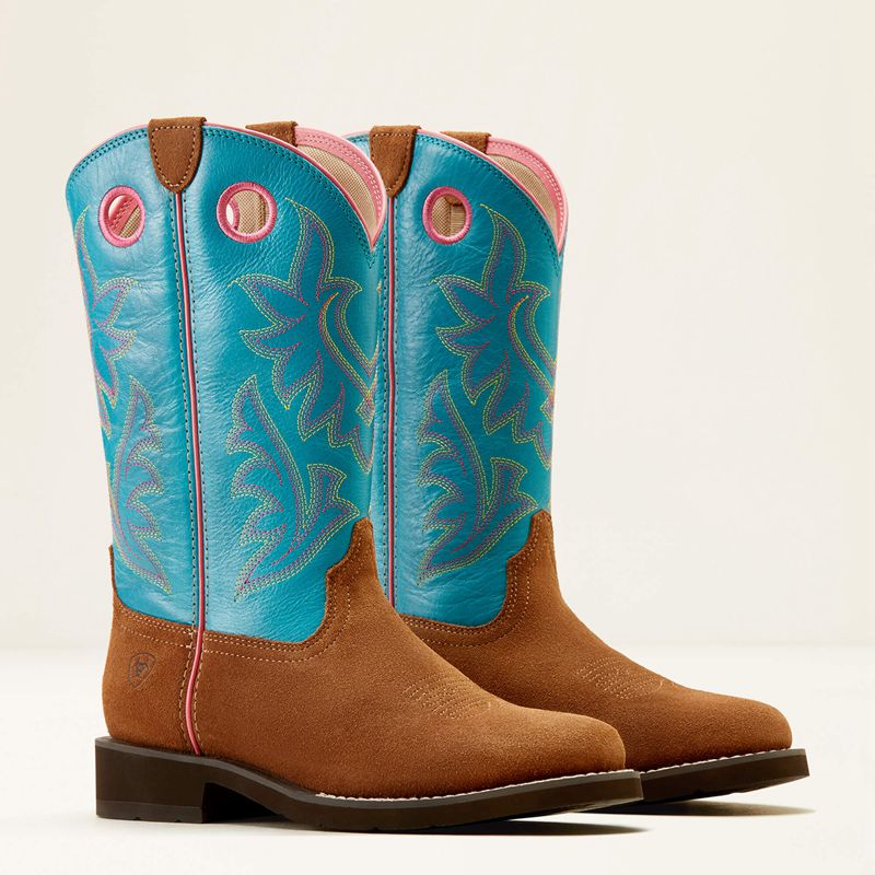 Chestnut Suede/Basin Blue Ariat Elko Western Boot | 16JQKBCLA