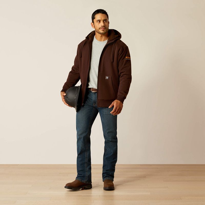 Coffee Bean Ariat Rebar All-Weather Sherpa-Lined Full Zip Hoodie | 04JRUSEOB