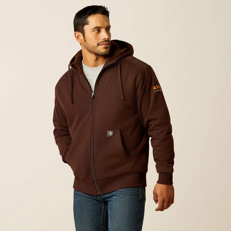 Coffee Bean Ariat Rebar All-Weather Sherpa-Lined Full Zip Hoodie | 04JRUSEOB