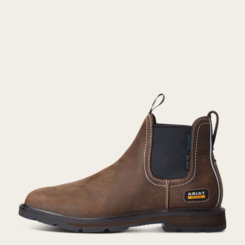 Dark Brown Ariat Groundbreaker Chelsea Wide Square Toe Waterproof Steel Toe Work Boot | 09SOAPKTV