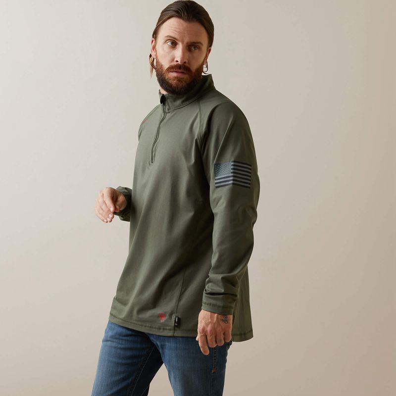 Dark Sage Ariat Fr Combat Stretch Patriot 1/4 Zip Work Shirt | 90TZEDYGM