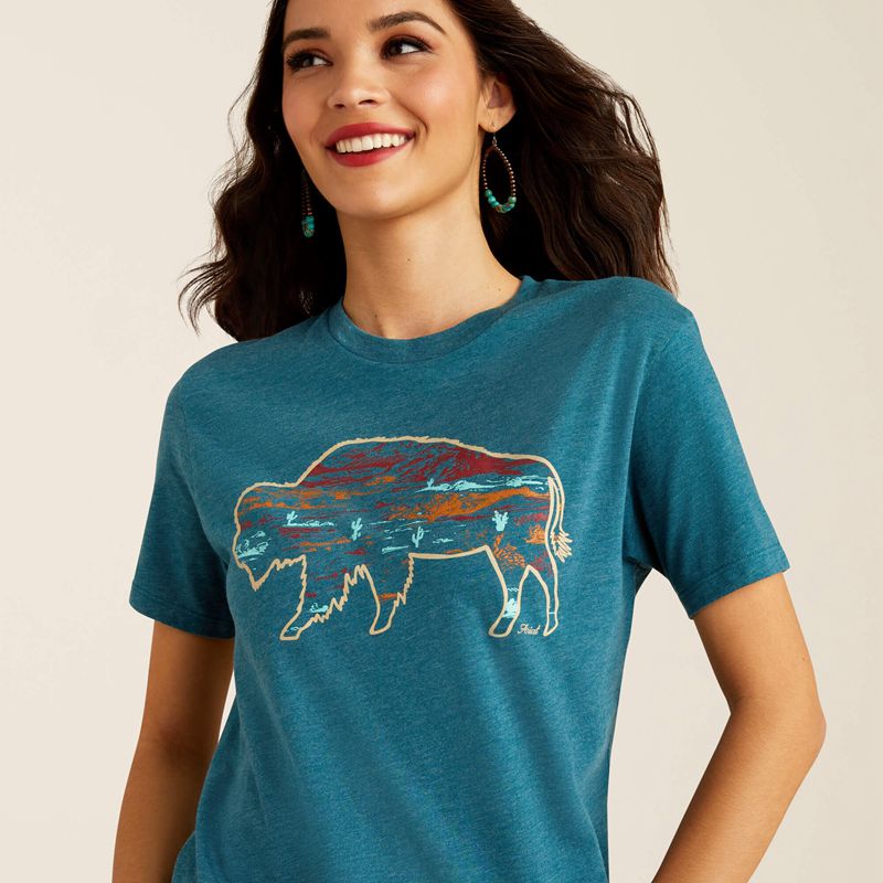 Deep Sea Heather Ariat Bison Ranch T-Shirt | 64EYMFHPZ