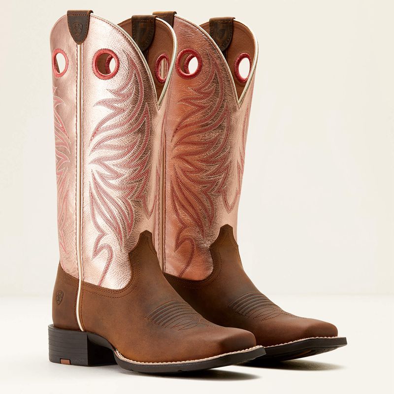 Distressed Brown/Golden Pink Ariat Round Up Ryder Western Boot | 91VHRLZQA