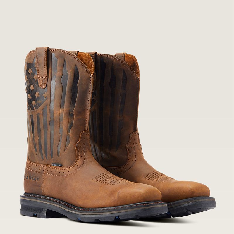 Distressed Brown Ariat Sierra Shock Shield Patriot Steel Toe Work Boot | 18VYBZXQI