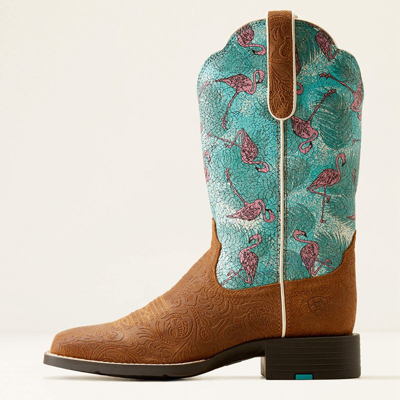 Embossed Chestnut/Flock O Flamingos Ariat Round Up Wide Square Toe Western Boot | 50YBWOPTS