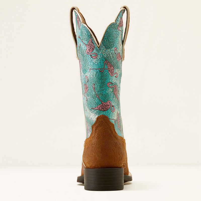 Embossed Chestnut/Flock O Flamingos Ariat Round Up Wide Square Toe Western Boot | 50YBWOPTS