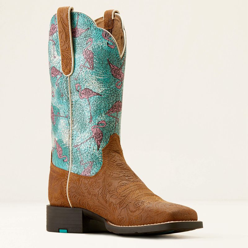 Embossed Chestnut/Flock O Flamingos Ariat Round Up Wide Square Toe Western Boot | 50YBWOPTS