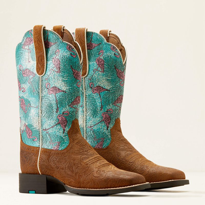 Embossed Chestnut/Flock O Flamingos Ariat Round Up Wide Square Toe Western Boot | 50YBWOPTS