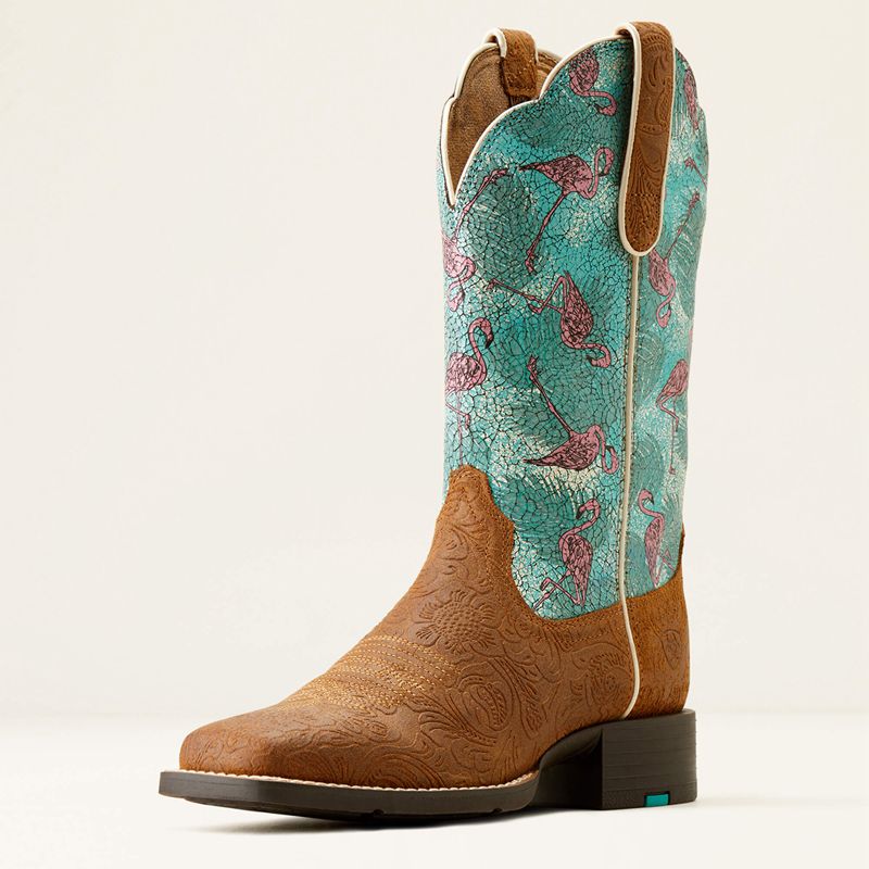 Embossed Chestnut/Flock O Flamingos Ariat Round Up Wide Square Toe Western Boot | 50YBWOPTS