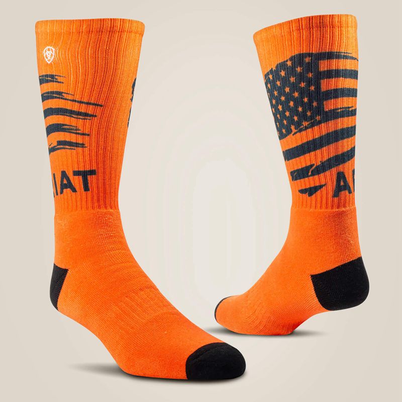 Grey/Orange Ariat Patriot Graphic Crew Work Sock 2 Pair Multi Color Pack | 47GHEJQPK