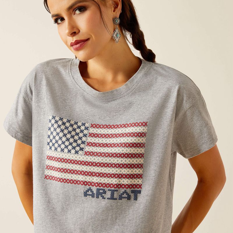 Heather Grey Ariat Homespun Flag T-Shirt | 81GVNPWQL