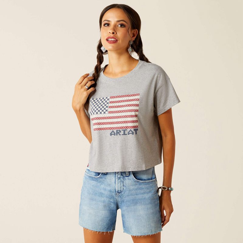 Heather Grey Ariat Homespun Flag T-Shirt | 81GVNPWQL