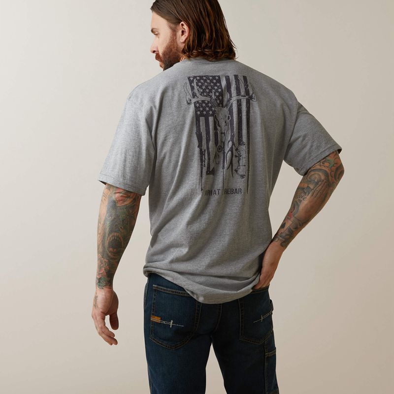 Heather Grey Ariat Rebar Cotton Strong American Outdoors T-Shirt | 08RXETYAJ