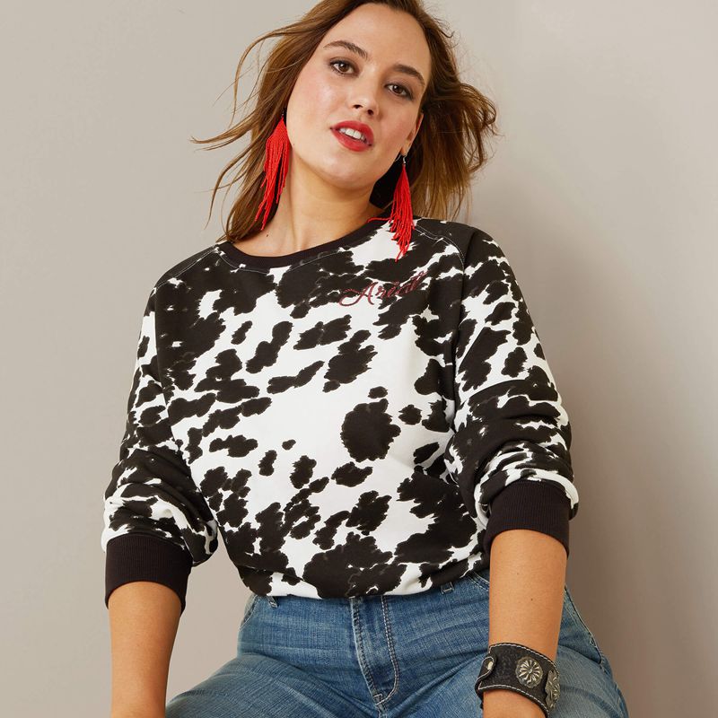 Holstein Cow Print Ariat Real Hide Crew Sweatshirt | 56UYZLCRB