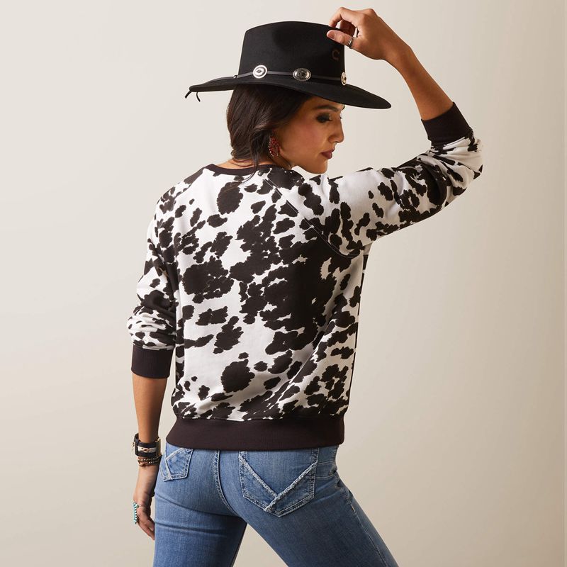 Holstein Cow Print Ariat Real Hide Crew Sweatshirt | 56UYZLCRB