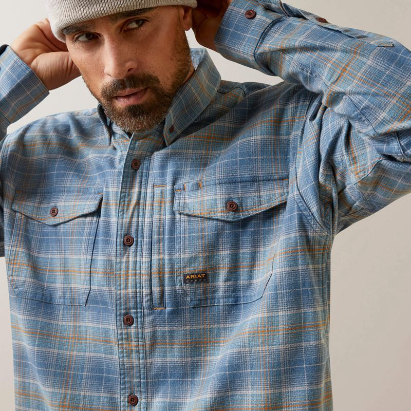 Indian Teal Plaid Ariat Rebar Flannel Durastretch Work Shirt | 65PTZUJOG