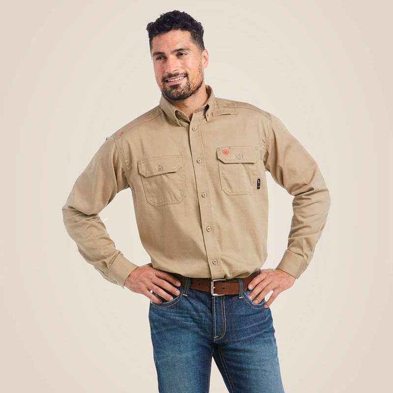 Khaki Ariat Fr Solid Work Shirt | 17LMNRPEU