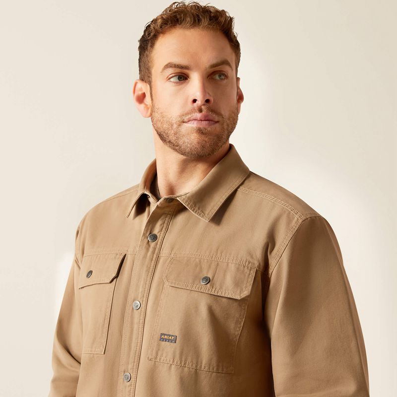 Khaki Ariat Rebar Canvas Shirt Jacket | 95FLZEANY