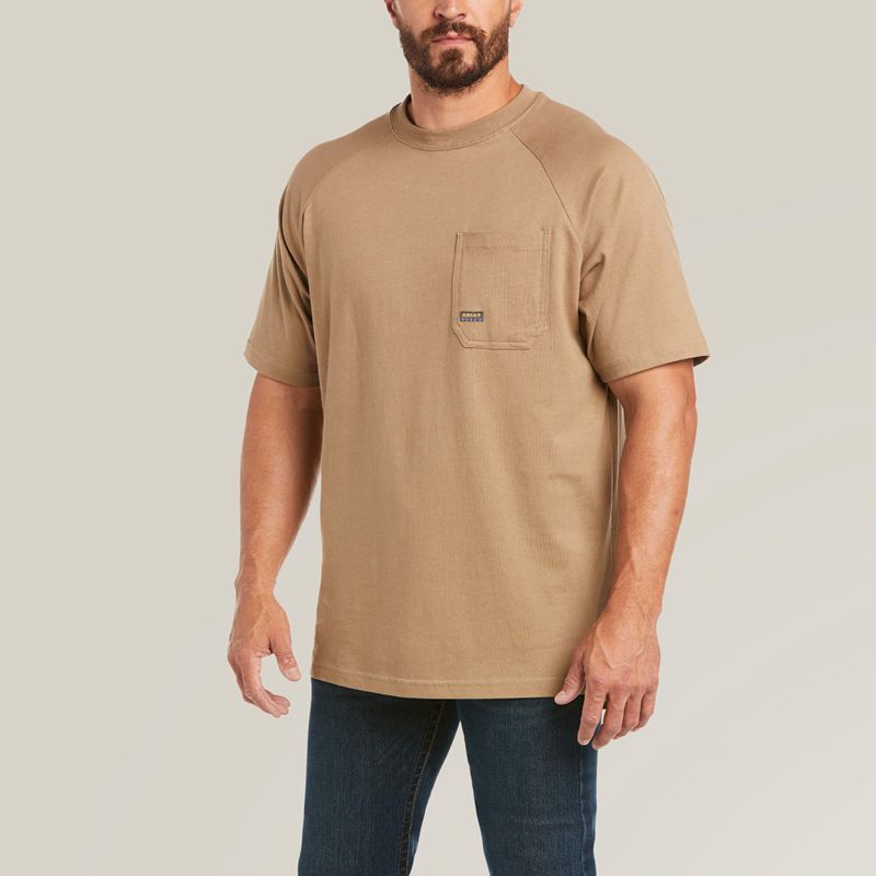 Khaki Ariat Rebar Cotton Strong T-Shirt | 51SQNOXTU