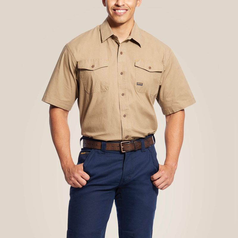 Khaki Ariat Rebar Made Tough Durastretch Work Shirt | 83PGIBOJF