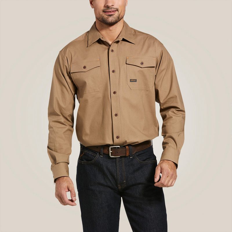 Khaki Ariat Rebar Made Tough Durastretch Classic Fit Work Shirt | 06ASLNTQF