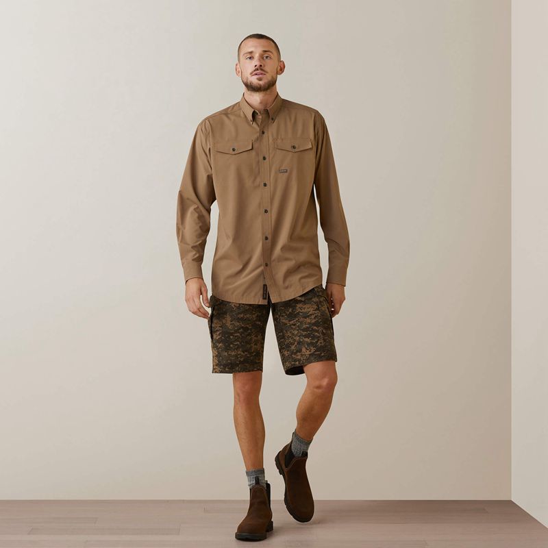 Khaki Ariat Rebar Made Tough Venttek Durastretch Work Shirt | 59WOVDGAH