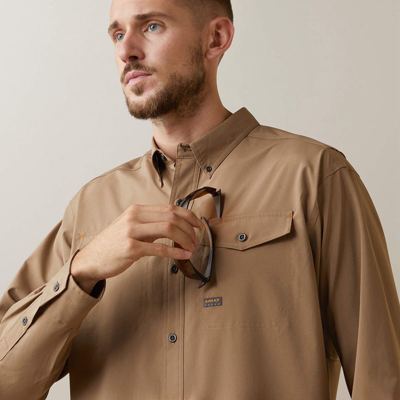 Khaki Ariat Rebar Made Tough Venttek Durastretch Work Shirt | 59WOVDGAH