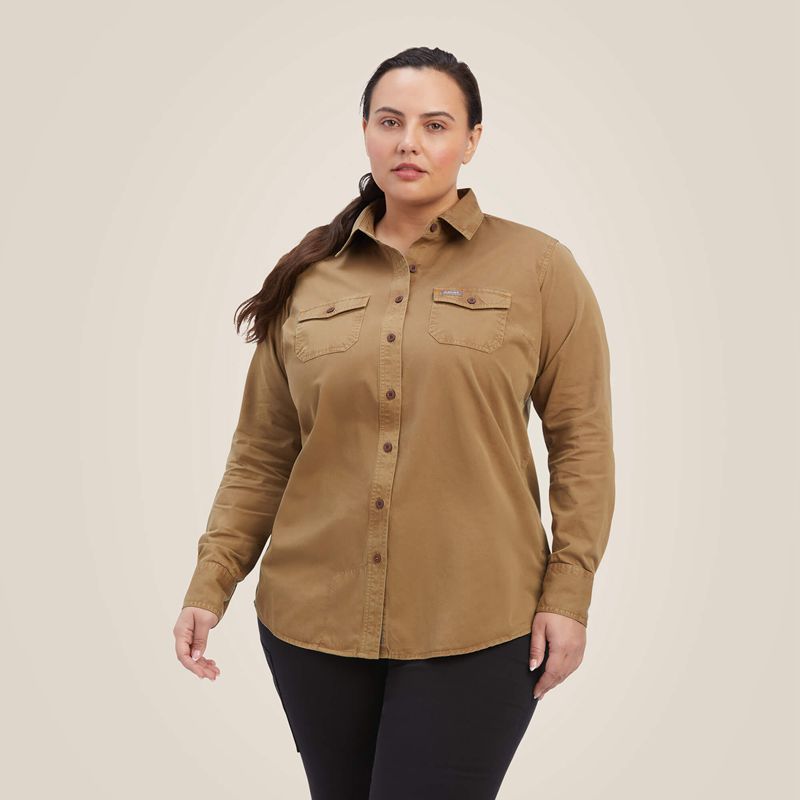 Khaki Ariat Rebar Washed Twill Work Shirt | 13FGXENUY