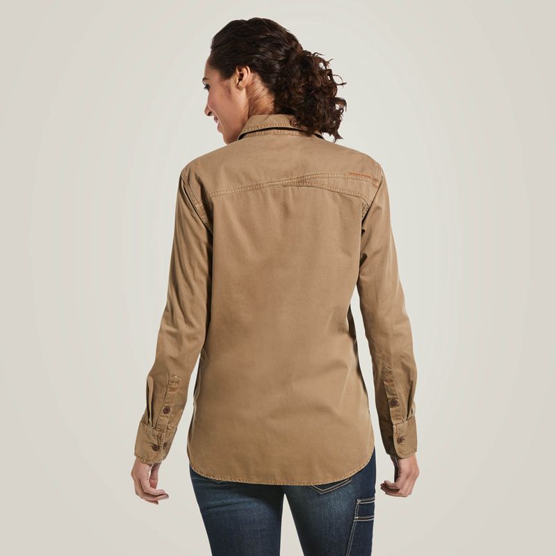 Khaki Ariat Rebar Washed Twill Work Shirt | 13FGXENUY