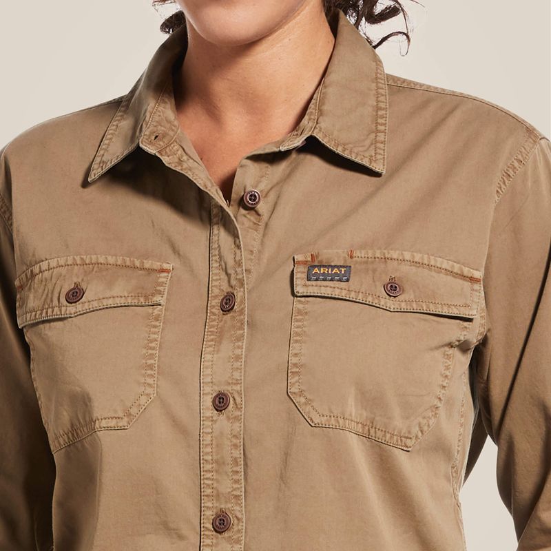 Khaki Ariat Rebar Washed Twill Work Shirt | 13FGXENUY