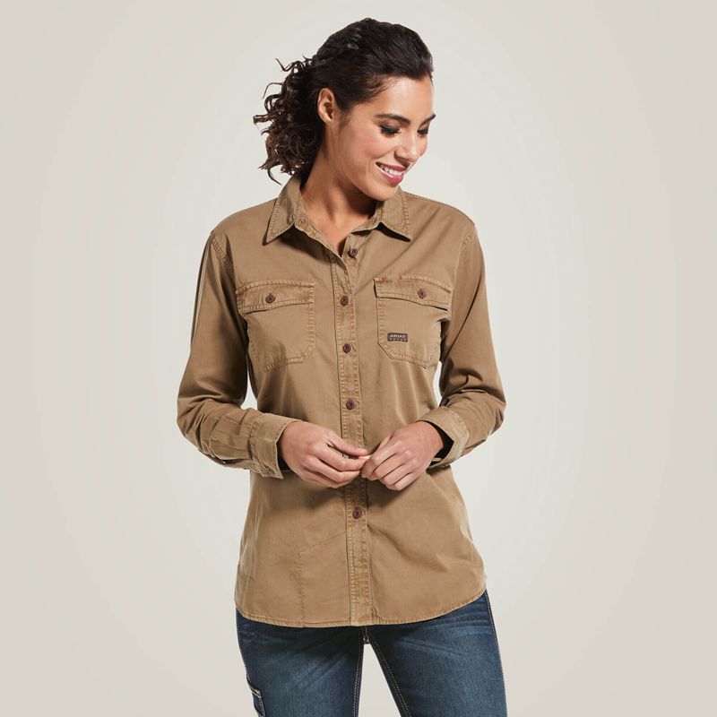 Khaki Ariat Rebar Washed Twill Work Shirt | 13FGXENUY