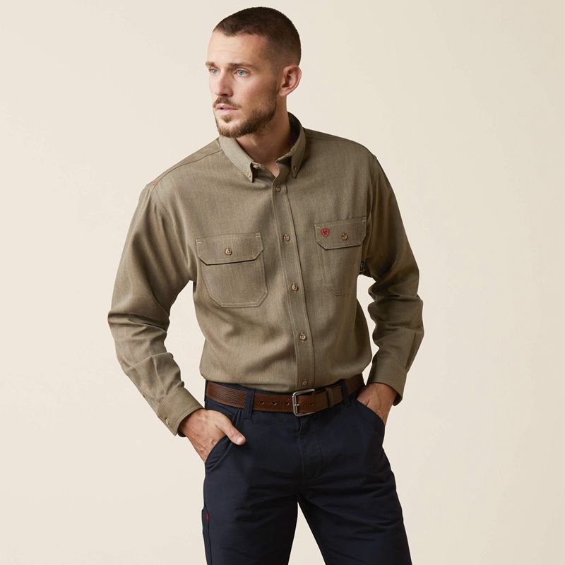 Khaki Heather Ariat Fr Air Inherent Work Shirt | 09ZBFXQNA