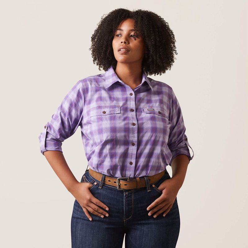 Lavendar Plaid Ariat Rebar Made Tough Durastretch Work Shirt | 74MTEOIBG