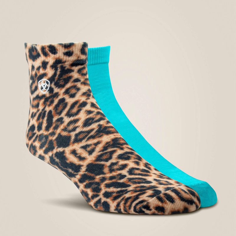 Leopard Print/Sky Blue Ariat Wild Thing Ankle Sock 2 Pair Multi Color Pack | 50LGIYDKS