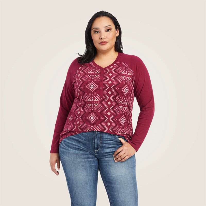 Maze Multi/Beet Red Ariat Real Printed Henley Shirt | 01FEGIMNW