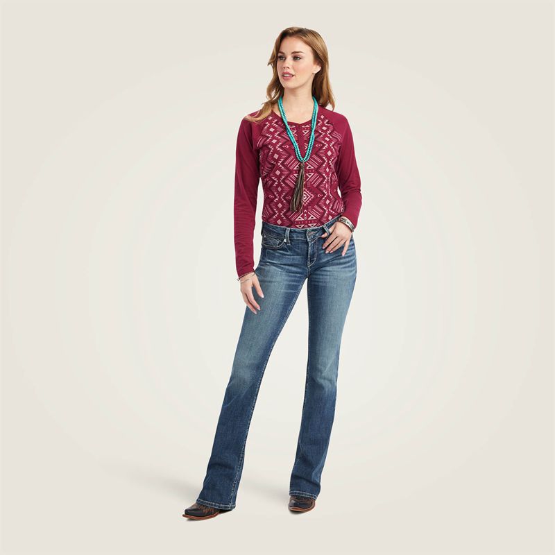 Maze Multi/Beet Red Ariat Real Printed Henley Shirt | 01FEGIMNW