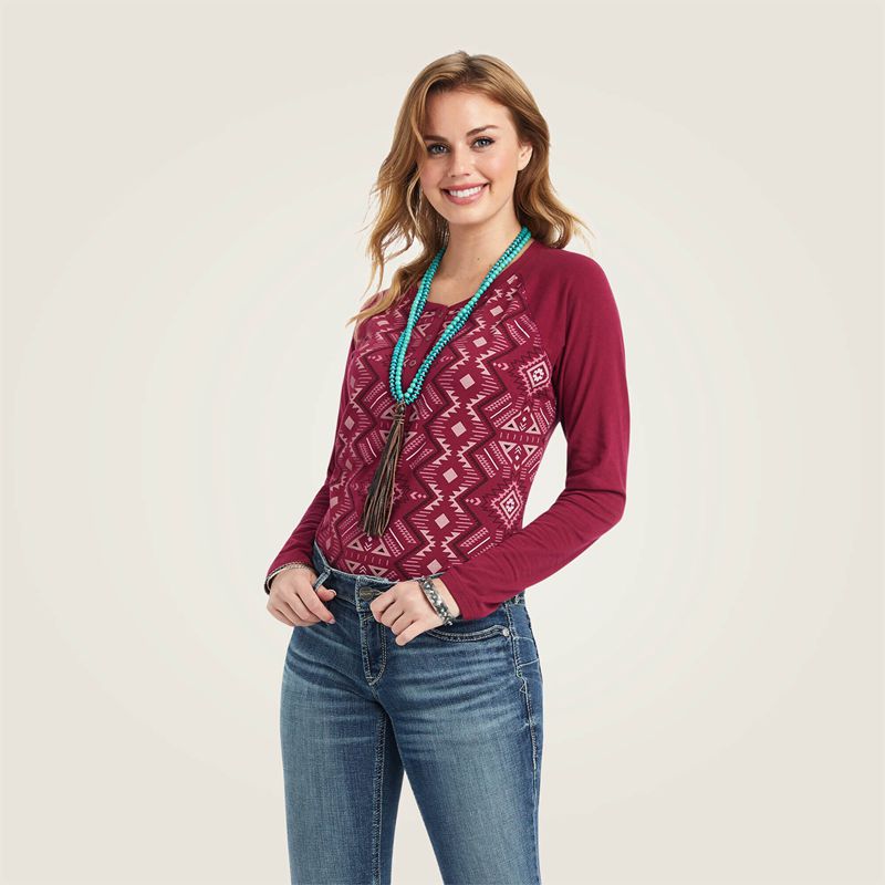 Maze Multi/Beet Red Ariat Real Printed Henley Shirt | 01FEGIMNW