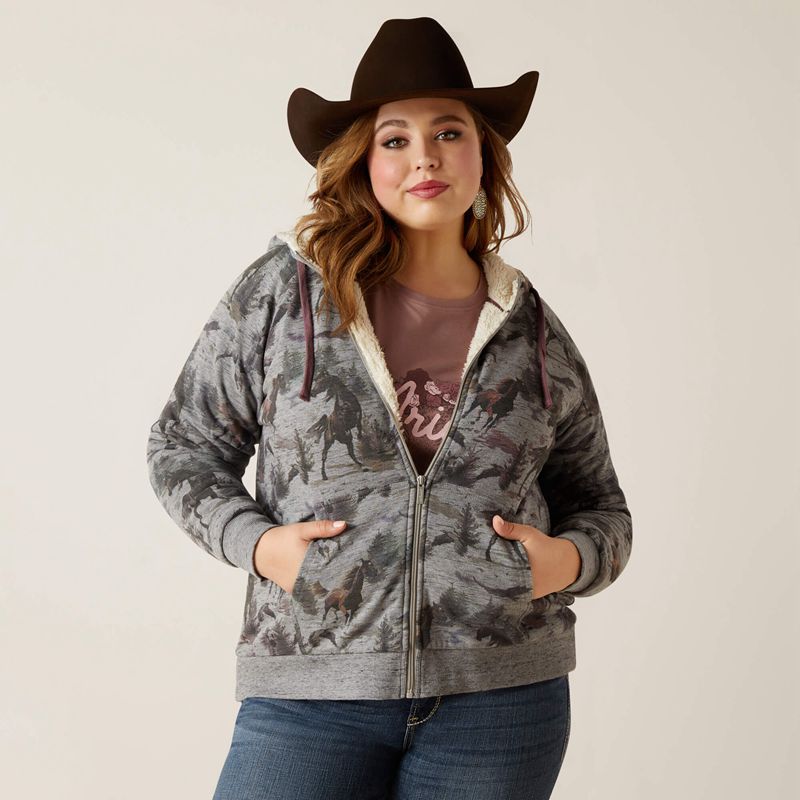 Misty Horse Print Ariat Real Sherpa Full Zip Hoodie | 49WGYDEMB