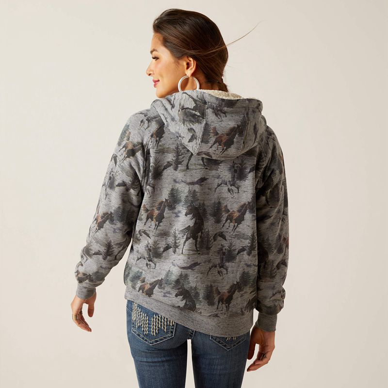 Misty Horse Print Ariat Real Sherpa Full Zip Hoodie | 49WGYDEMB