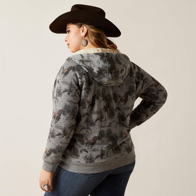 Misty Horse Print Ariat Real Sherpa Full Zip Hoodie | 49WGYDEMB