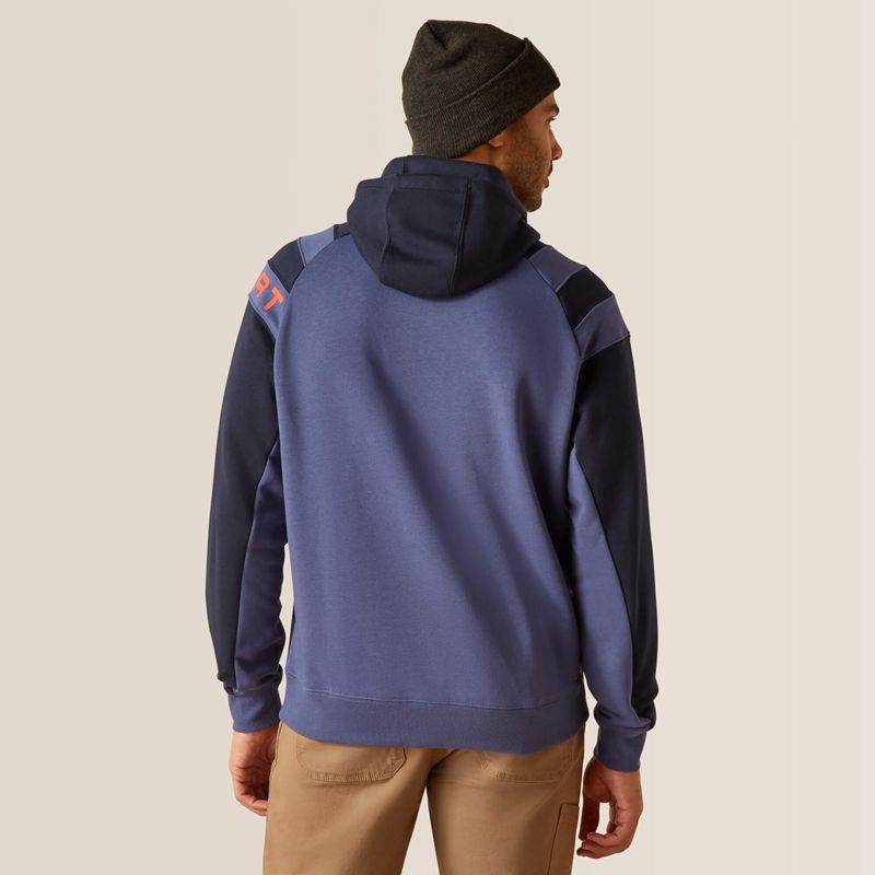 Navy/Blue Indigo Ariat Rebar Workman Colorblock Logo Hoodie | 46QWHRKFB