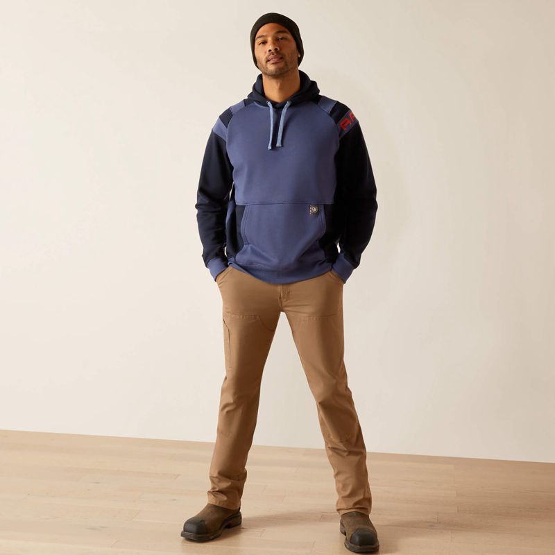 Navy/Blue Indigo Ariat Rebar Workman Colorblock Logo Hoodie | 46QWHRKFB