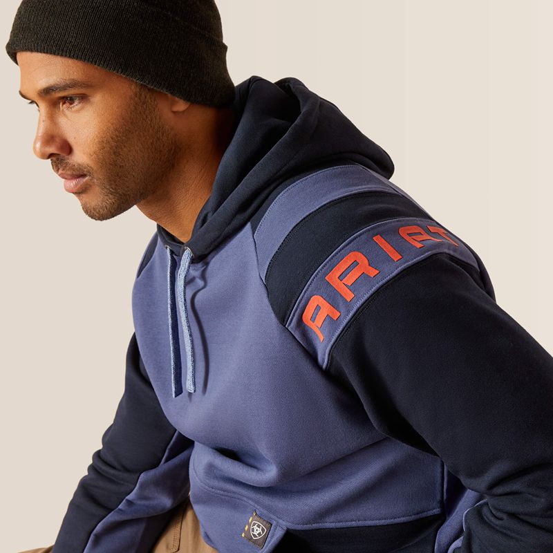 Navy/Blue Indigo Ariat Rebar Workman Colorblock Logo Hoodie | 46QWHRKFB