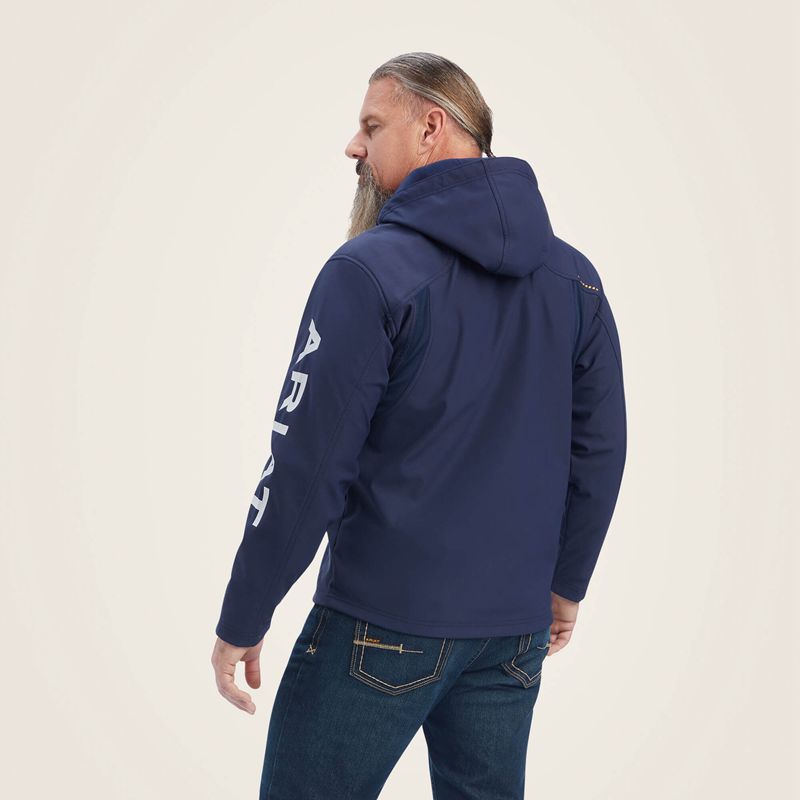 Navy/Grey Ariat Rebar Stretch Canvas Softshell Hooded Logo Jacket | 43PLRCSBE