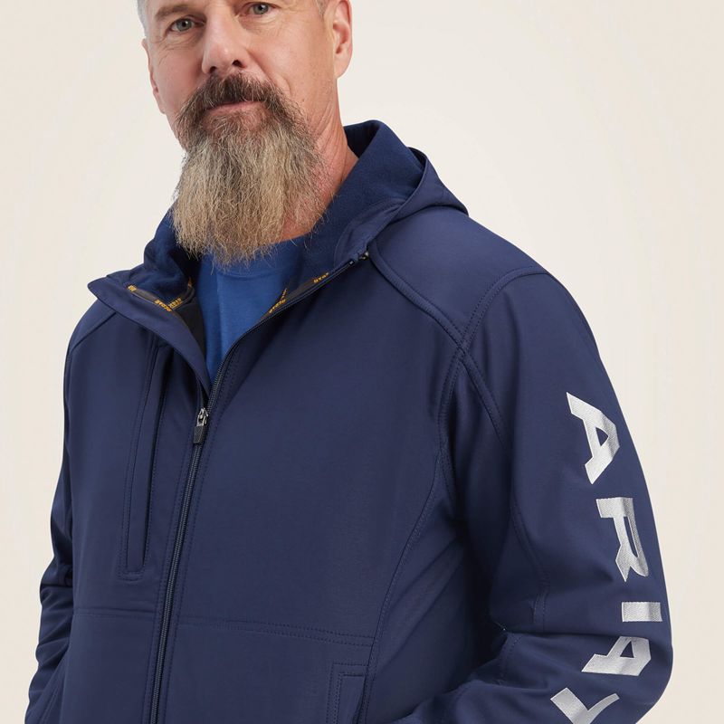 Navy/Grey Ariat Rebar Stretch Canvas Softshell Hooded Logo Jacket | 43PLRCSBE